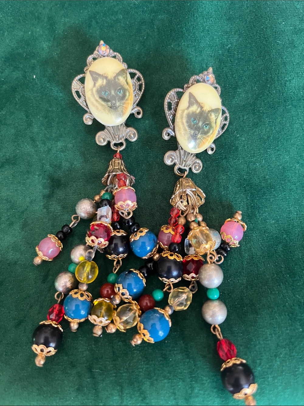 Katrina Multicolor Siamese Cat Cameo Tassel Drop Earrings